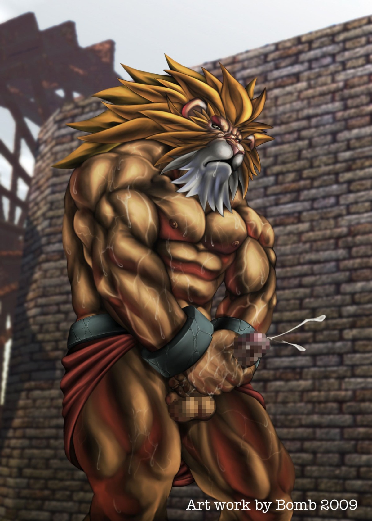 anthro balls big_muscles bodily_fluids bomb_(artist) censored cum cumshot e621 ejaculation erection felid genital_fluids genitals hi_res huge_muscles humanoid_genitalia humanoid_penis leo_(red_earth) lion male mammal masturbation mosaic_censorship muscular muscular_anthro muscular_male orgasm pantherine penile penile_masturbation penis red_earth solo