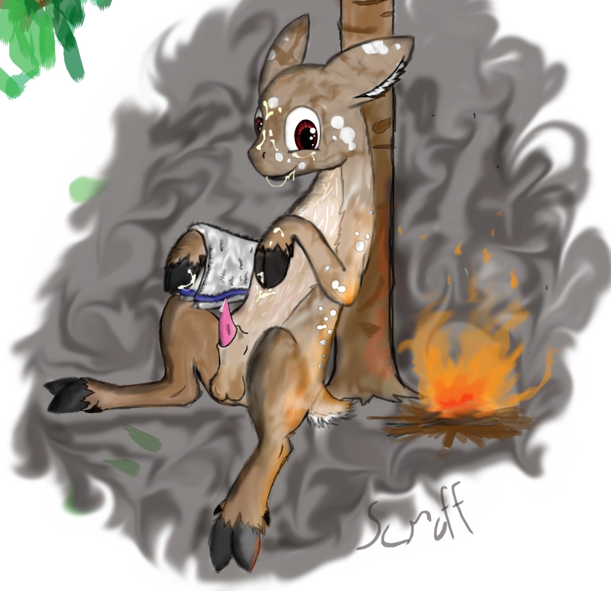 1boy 2012 abstract_background balls cervine cum cum_on_chest cum_on_face cum_on_stomach deer erection feral fire forest hooves looking_at_viewer male male_only penis presenting raised_tail red_eyes rule34 scruff_the_deer slagtheslig solo spread_legs spreading towel tree wood