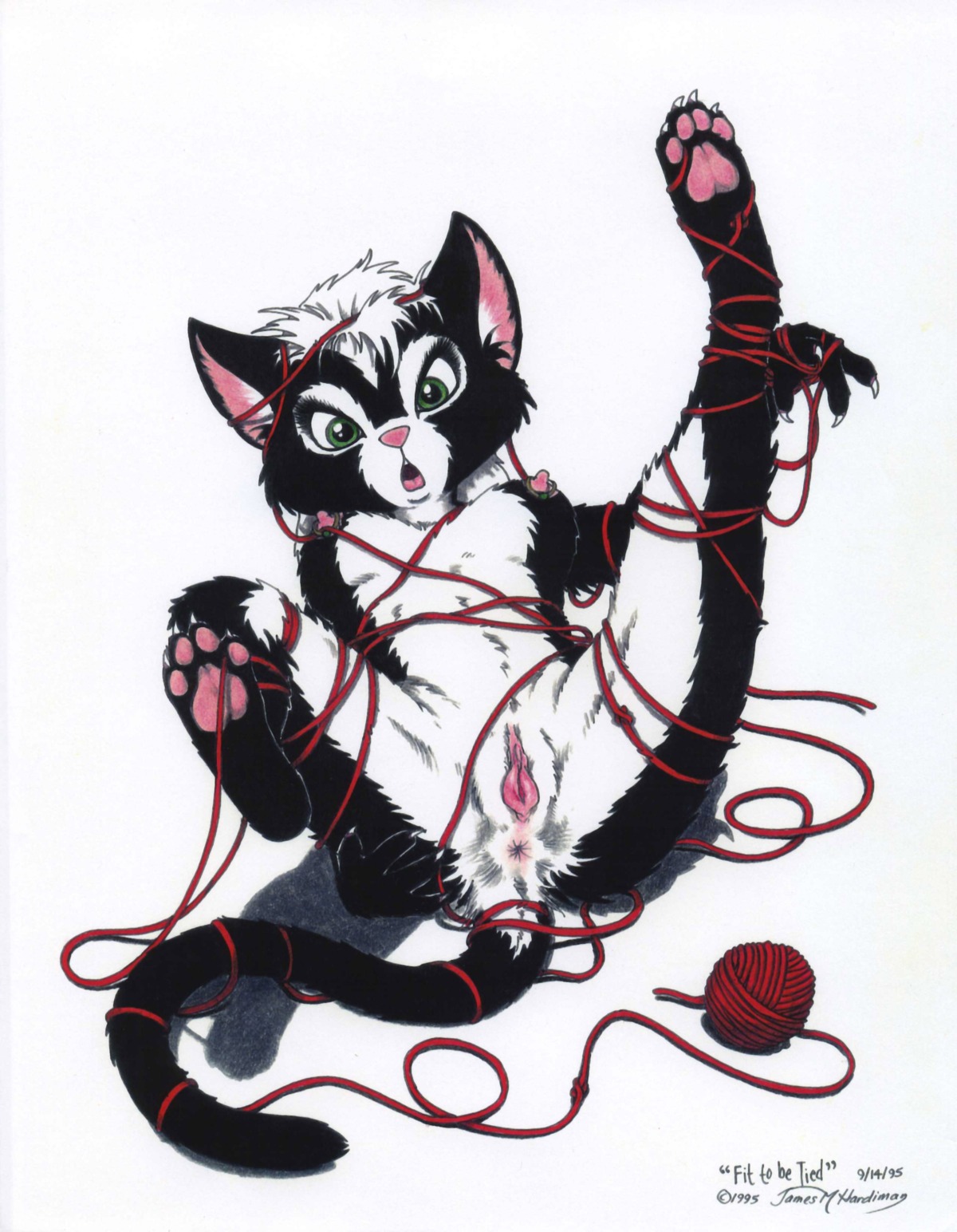1995 4_toes absurd_res anthro anus ball_of_yarn biped breasts claws domestic_cat e621 entangled entangled_in_yarn feet felid feline felis female genitals green_eyes hi_res james_m_hardiman mammal nipple_piercing nipples nude pawpads piercing pink_pawpads soles solo string tail tail_anus toes vulva yarn