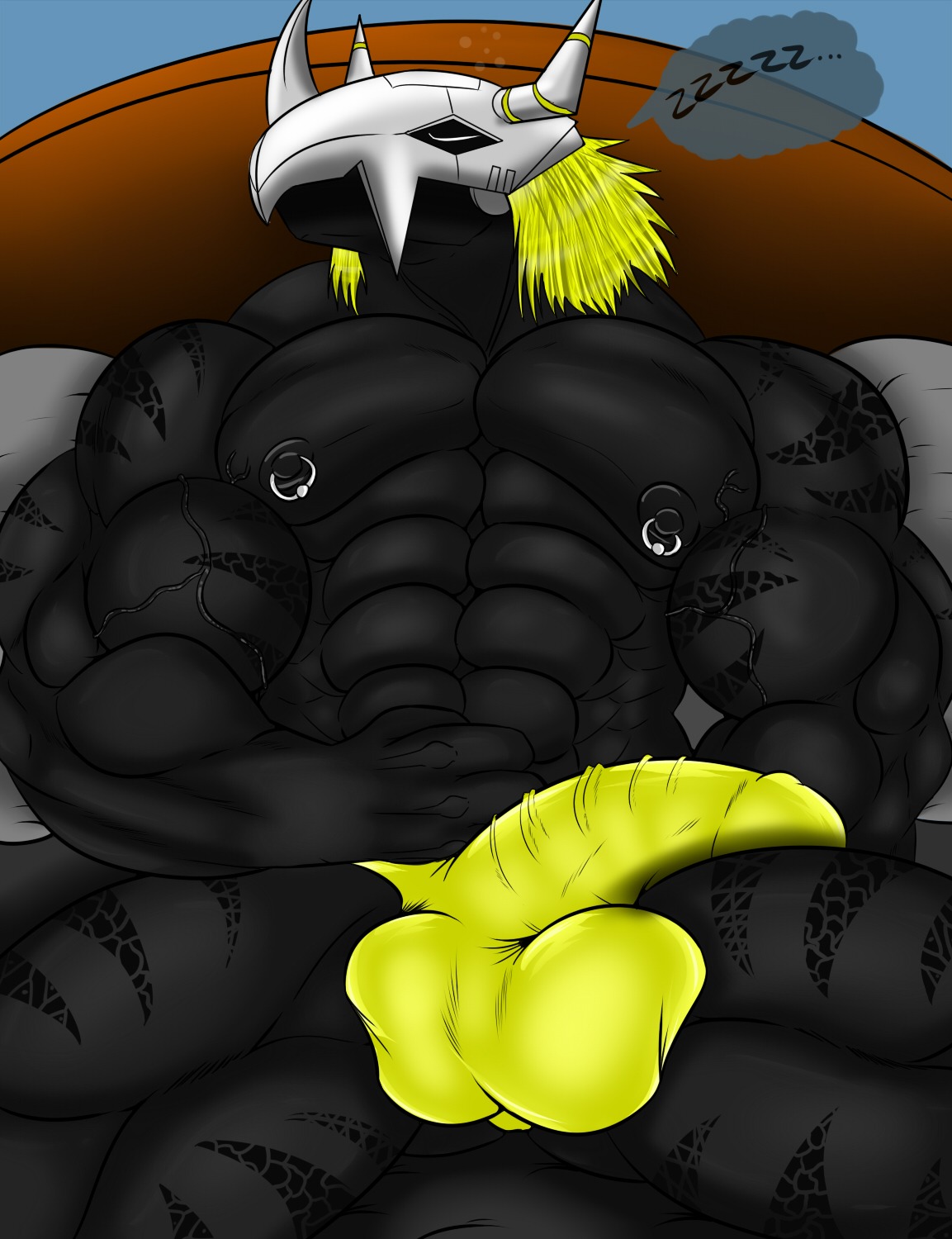 abs armor balls bandai_namco bed biceps big_muscles black_body black_skin blackwargreymon blonde_hair bulge clothed clothing digimon digimon_(species) drayce_(saixyuniz-xynz) e621 erection eyes_closed furniture genitals hair headgear helmet hi_res horn lying male markings mask muscular muscular_male nipple_piercing nipples on_back pecs penis piercing pose saixyuniz-xynz sleeping solo speedo stripes swimwear topless vein