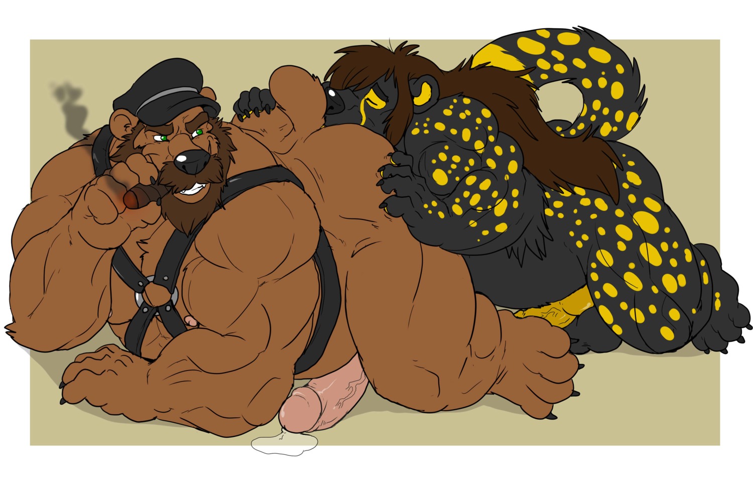 2013 4_toes anal animal_genitalia animal_penis anthro anthro_on_anthro arody balls bear beard belly biceps big_balls big_belly big_muscles big_penis brown_bear butt canine_genitalia canine_penis cheetah cigar clothing duo e621 erection facial_hair fangs feet felid feline fur genitals grizzly_bear hair harness hat headgear headwear hi_res horn humanoid_genitalia humanoid_penis hybrid knot leather leather_daddy long_hair male male/male male_penetrated male_penetrating male_penetrating_male mammal markings mastertrucker muscular muscular_male naiwi nipples nude oral overweight penetration penis rimming sex simple_background smoke smoking spots teeth thick_penis toes ursine