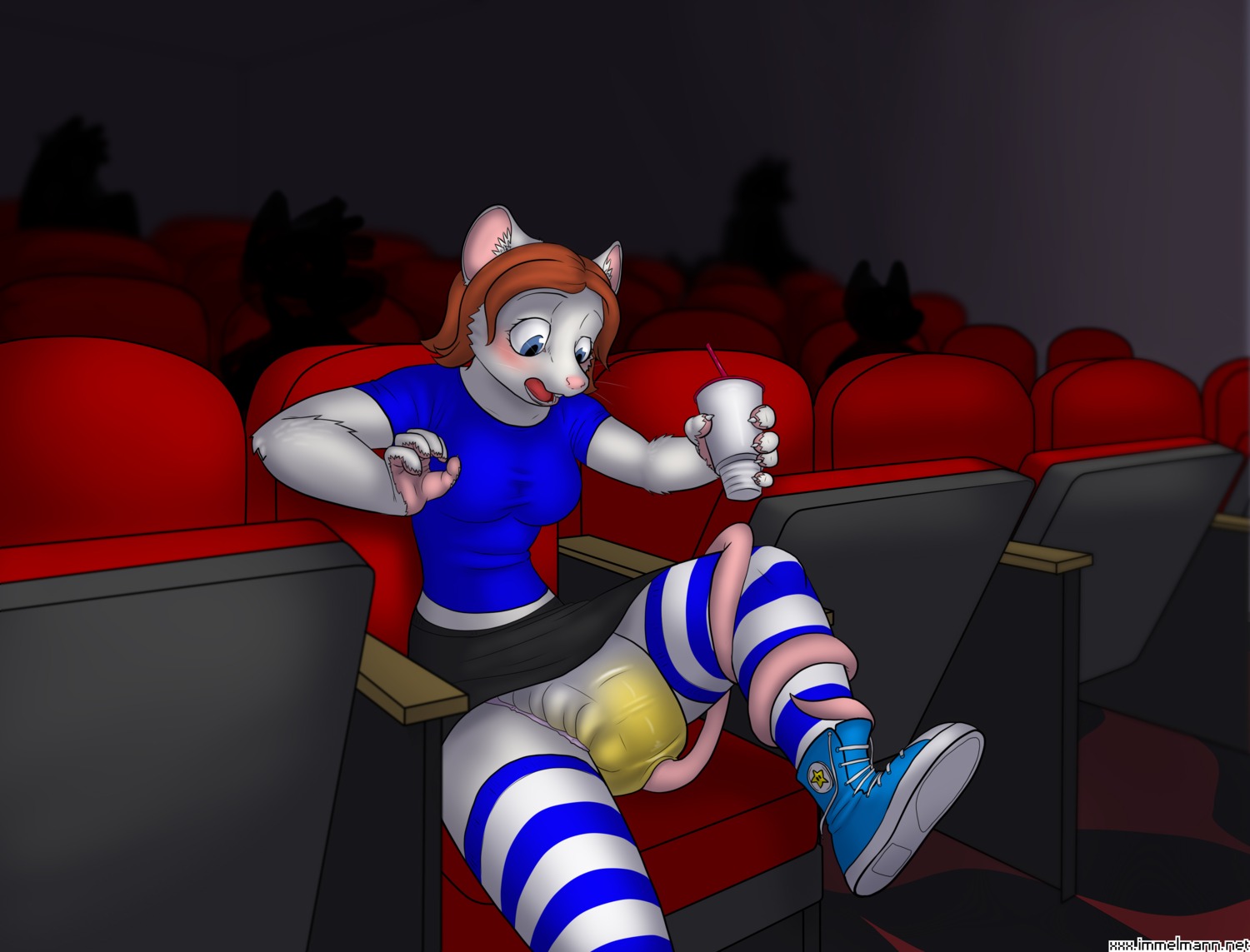 absurd_res anthro blush bodily_fluids bottomwear clothed clothing diaper digital_media_(artwork) e621 embarrassed female footwear genital_fluids group hi_res leg_warmers legwear mammal mouse murid murine nx-42 pattern_clothing pattern_legwear public rodent shoes silhouette skirt sneakers socks solo_focus striped_clothing striped_legwear stripes tail tail_around_leg theater thigh_highs thigh_socks unclean_diaper urine used_diaper wearing_diaper wet_diaper wetting white_diaper