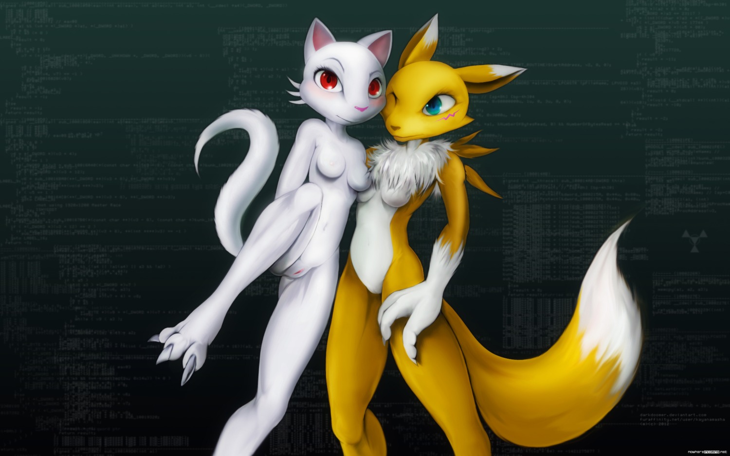 16:10 anthro bandai_namco blue_eyes breasts canid canine claws clitoris darkdoomer digimon digimon_(species) dipstick_tail domestic_cat duo e621 featureless_breasts felid feline felis female female/female fur genitals hi_res kittie mammal markings navel neck_tuft nude one_eye_closed raised_leg red_eyes renamon smile source_code stuxnet tail tail_markings toe_claws tuft vulva wallpaper white_body white_fur widescreen yellow_body yellow_fur