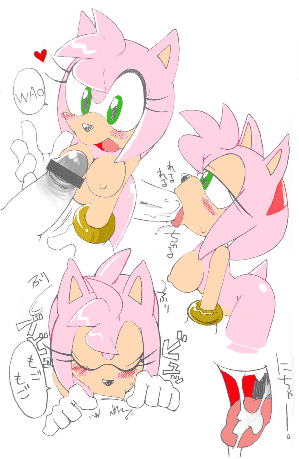 amy_rose anthro breasts censored cum cum_in_mouth dialogue female fur furry furry_only green_eyes headband hedgehog japanese_text male rule34 sega short_hair simple_background sonic_(series) straight text translation_request white_background