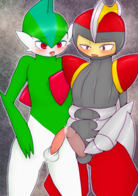 anthro balls bisharp blush color cum gallade interspecies male male_only multiple_males nude penis pokemon pokemon_(species) red_eyes rule34 tagme testicles yaoi