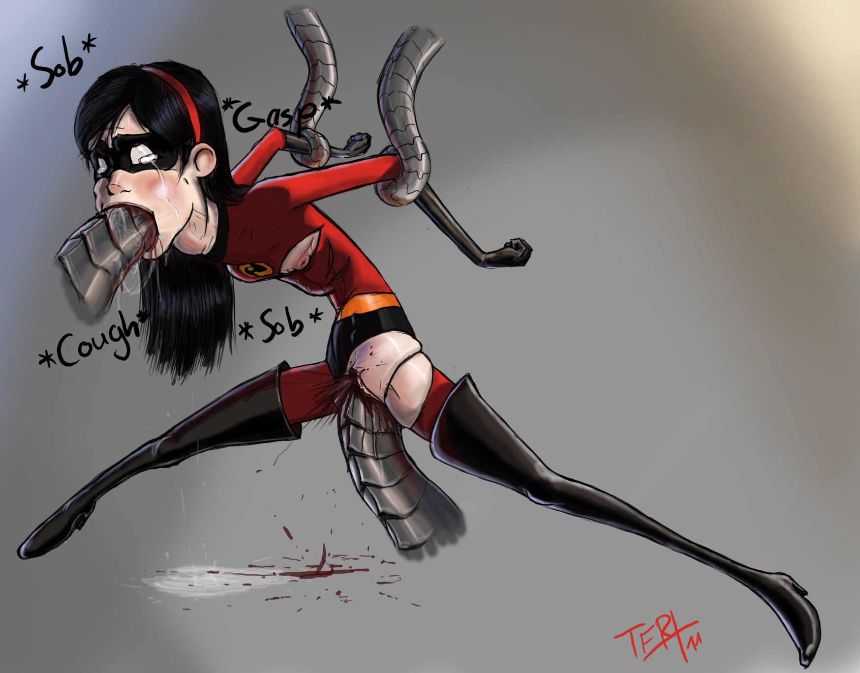 1girls arms_behind_back arms_held_back black_hair black_high_heels bleeding bleeding_from_pussy blood blood_drip blood_from_mouth blood_in_mouth blood_in_pussy blood_on_face blood_puddle bloody_vulva breasts costume crying deepthroat disney drooling execution exposed_breasts exposed_pussy female flat_chest flat_chested gore guro high_heel_boots holding imminent_death legs_apart mask masked nipples oral pixar pussy rape robotic_arm rule34 simple_background skinny slim small_breasts smooth_skin sobbing struggling struggling_to_fit superhero_costume superheroine tagme tears teenager tentacle tentacle_rape the_incredibles throat_bulge torn_clothes vaginal_insertion vaginal_penetration violet_parr young