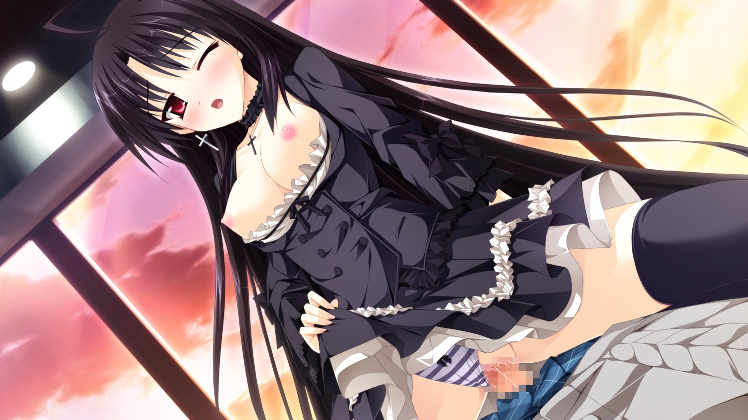 black_hair breasts censored female game_cg karsarutobi_asuma_shizuku kimishima_ao long_hair nipples otome_ga_tsumugu_koi_no_canvas panties rule34 sex skirt skirt_lift striped striped_panties thighhighs underwear