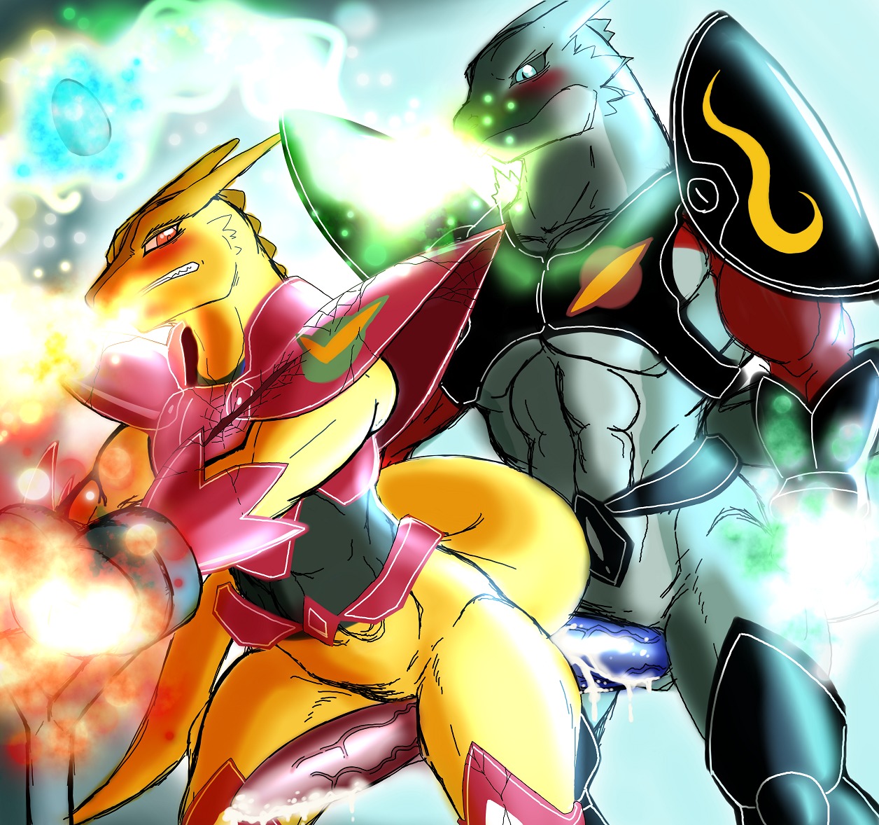 2014 anal anal_penetration anthro armor big_penis blue_eyes blush bodily_fluids clenched_teeth cum cum_in_ass cum_inside cum_on_penis dark-moltres dragon duo e621 erection fire from_behind_position genital_fluids genitals male male/male male_penetrated male_penetrating male_penetrating_male mythological_creature mythological_scalie mythology penetration penis red_eyes scalie sex tail teeth vein veiny_penis yellow_body