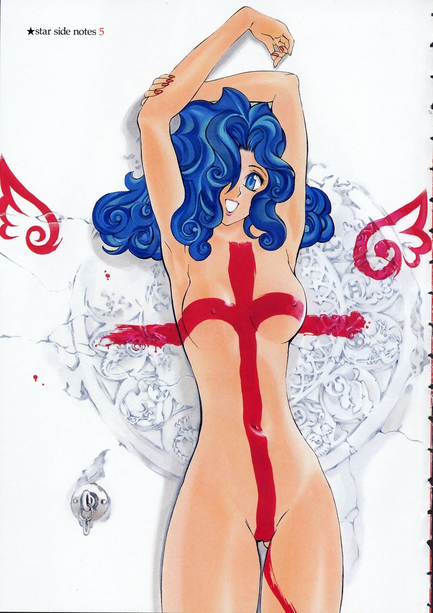 1girls arm_up armpits blue_eyes blue_hair breasts cracks cross crotch curly_hair female female_only hair_over_one_eye hidden_eyes highres looking_at_viewer naked_star nipples nude oh!_great open_mouth pussy rule34 sculpture simple_background smile solo standing uncensored wall wavy_hair wings