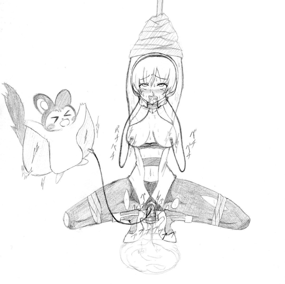 blush bound breasts electrostimulation elesa_(pokemon) emolga female human insertion interspecies monochrome nintendo nude pokemon pokephilia pussy raised_arms rule34 size_difference tagme vulva