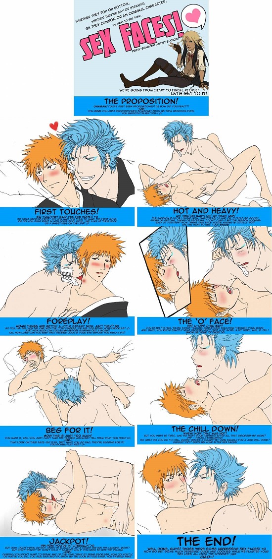 2boys abs anal bleach blue_hair blush cum gay grimmjow_jaegerjaquez hair ichigo_kurosaki licking male male_only multiple_boys multiple_males multiple_views nude open_mouth oral orange_hair pillow rule34 sex spread_legs tagme yaoi