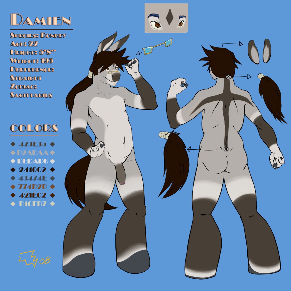 1:1 2008 anthro asinus color_swatch digital_media_(artwork) donkey e621 english_text equid equine eyewear flaccid foreskin genitals glasses hair hi_res hooves long_foreskin male mammal model_sheet nude penis ponytail sasaki solo tail text unretracted_foreskin