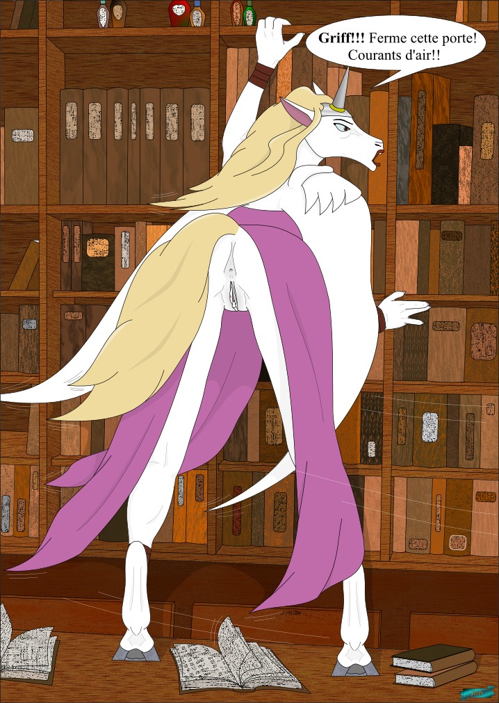 anus bent_over butt dialogue disney e621 fab3716 female french_text gargoyle gargoyles genitals horn irl_trace open_mouth solo text translated una_(gargoyles) vulva