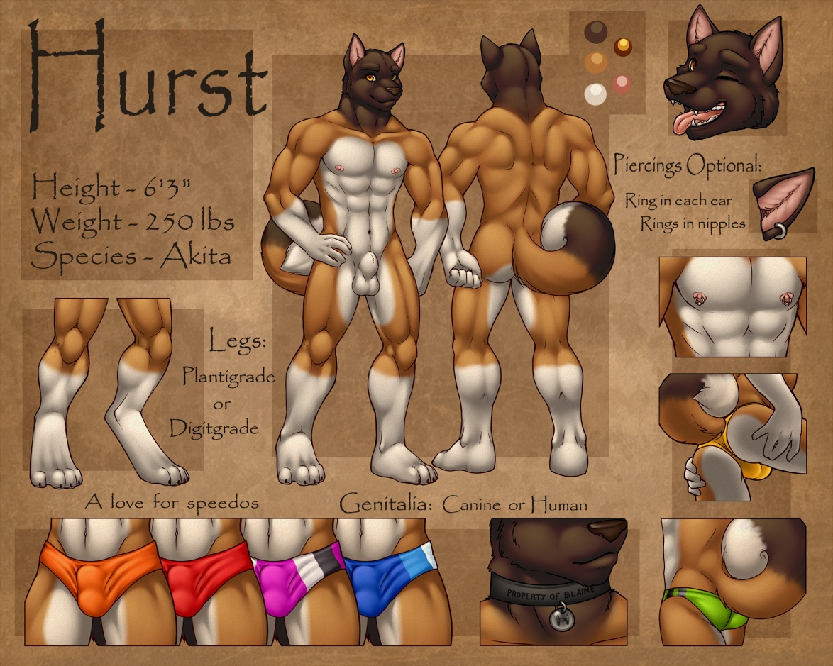 2010 akita animal_genitalia anthro butt canid canine canis clothing collar digital_media_(artwork) domestic_dog e621 english_text fully_sheathed genitals hurst lockworkorange looking_at_viewer male mammal model_sheet muscular muscular_anthro muscular_male nipples one_eye_closed piercing shaded sheath solo speedo spitz swimwear tail text thong tongue underwear wink yellow_eyes