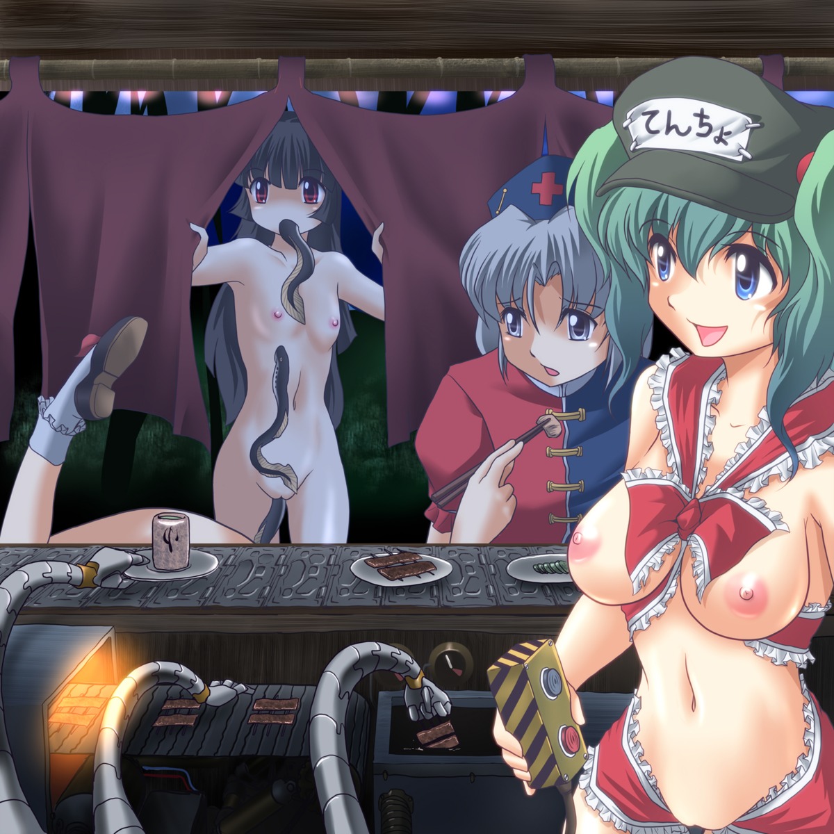 4girls bestiality black_hair bobby_socks breasts chopsticks clothed_female_nude_female conveyor_belt conveyor_oven eating eel eirin_yagokoro female female_only flat_chest food food_stand green_hair grill hat highres ineffective_clothing kaguya_houraisan lamprey long_hair mechanical_arm medium_breasts multiple_females multiple_girls naked_ribbon navel night nipples nitori_kawashiro nude oven pussy revealing_clothes ribbon rule34 silver_hair suika_ibuki text tied_hair tiny_breasts touhou translated translation_request twintails uncensored wancozow yatai zoophilia