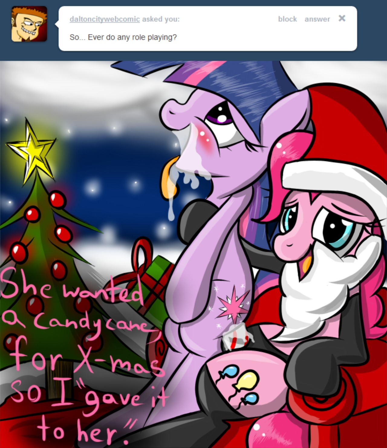 ambiguous_penetration blush bodily_fluids candy candy_cane christmas christmas_clothing christmas_headwear clothing cutie_mark dessert dildo drooling duo e621 earth_pony english_text equid equine female female/female feral food friendship_is_magic fur gift hair hasbro hat headgear headwear hi_res holidays horn horse intraspecies long_hair looking_at_viewer mammal multicolored_hair my_little_pony mythological_creature mythological_equine mythology open_mouth penetration pink_hair pinkie_pie_(mlp) plant pony purple_body purple_eyes purple_fur purple_hair saliva santa_hat sex sex_toy strapon text tongue tongue_out tree tumblr twilight_sparkle_(mlp) two_tone_hair unicorn unknown_artist vaginal wood