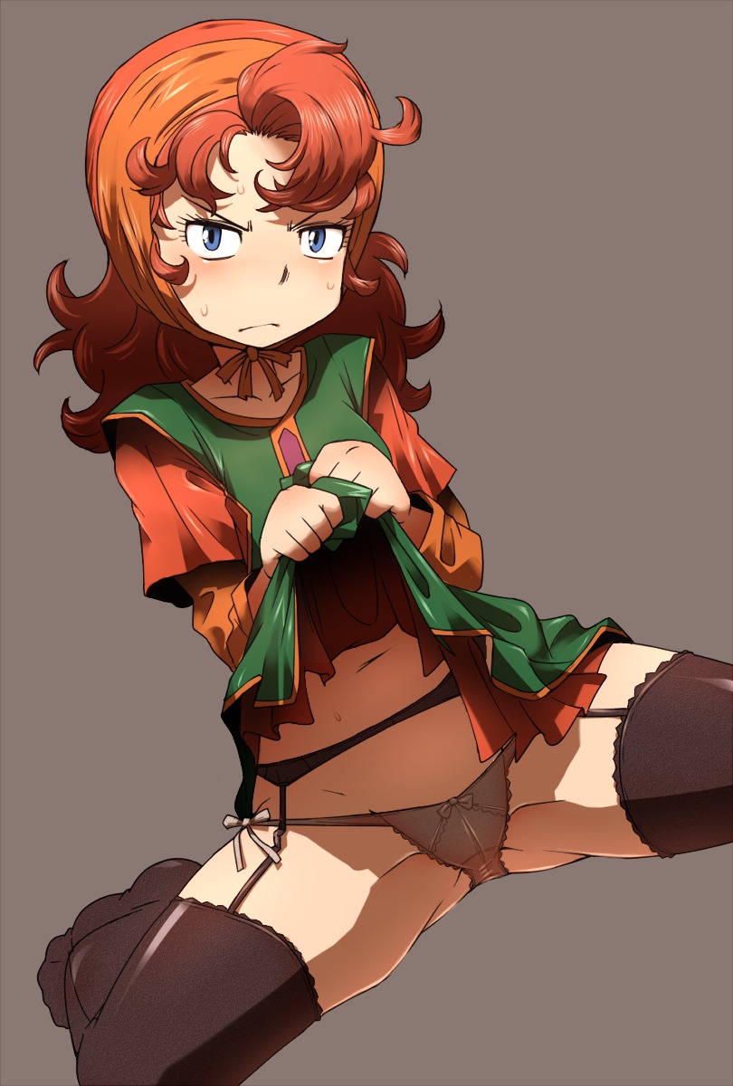 black_legwear black_thighhighs blue_eyes bow bow_panties clothing dragon_quest dragon_quest_vii dress dress_lift female female_only flat_chest frown garter_belt garters highres human hun lace lace-trimmed_panties lace-trimmed_thighhighs lingerie maribel_(dq7) messy_hair navel orange_hair panties rule34 see-through side-tie_panties solo stockings sweat thighhighs underwear