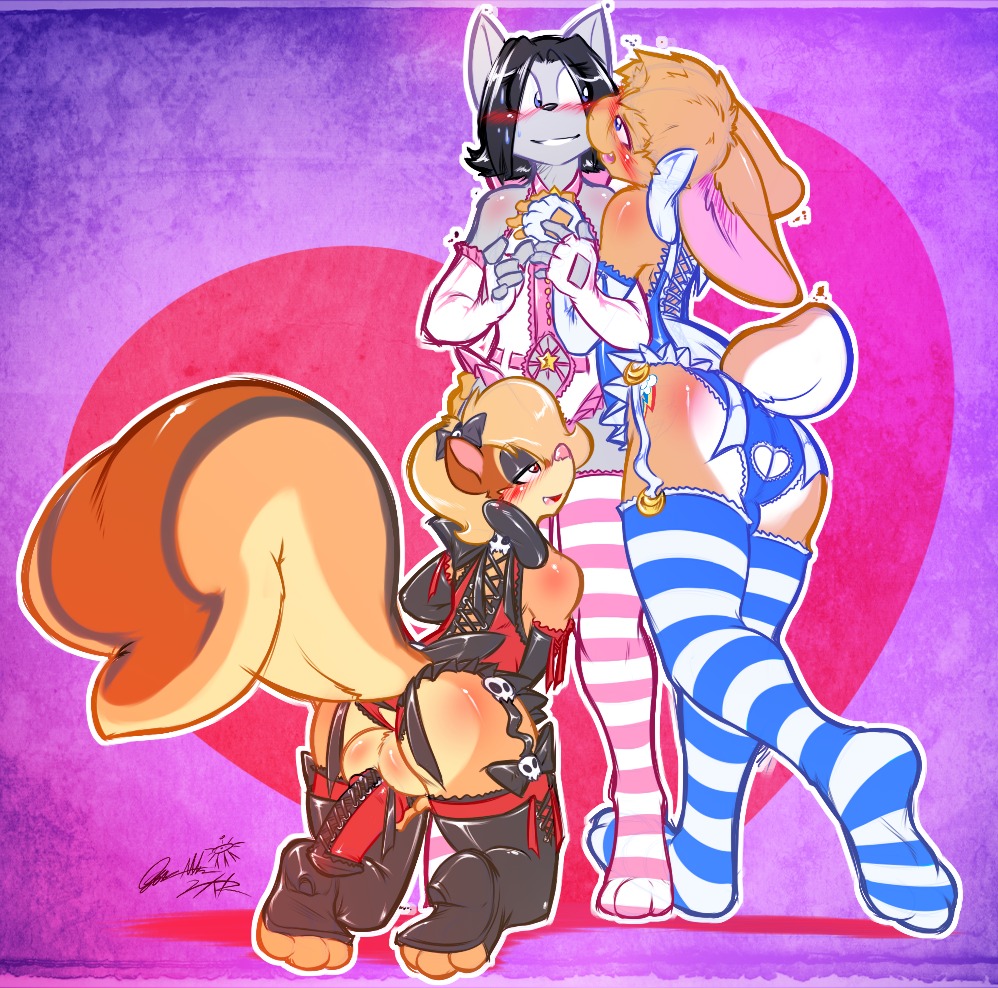 0r0 0r0ch1 2012 3_toes anthro armwear backsack balls big_tail black_hair black_nose blonde_hair blue_eyes butt clothed clothing cock_warmer crossdressing cutie_mark digital_media_(artwork) e621 elbow_gloves erection feet femboy fingerless_gloves footwear garter_straps genitals gloves grey_body group hair handwear hasbro heart_symbol hindpaw humanoid_genitalia humanoid_penis kneeling lagomorph legwear leporid lingerie looking_up makeup male mammal my_little_pony orange_body pattern_clothing pattern_footwear pattern_legwear paws penis penis_clothing penis_corset rabbit red_eyes ribbons rodent sciurid short_hair skimpy smile stockings striped_clothing striped_footwear striped_legwear stripes tail taski_(character) teddy_(clothing) toes tree_squirrel zajice_(character)