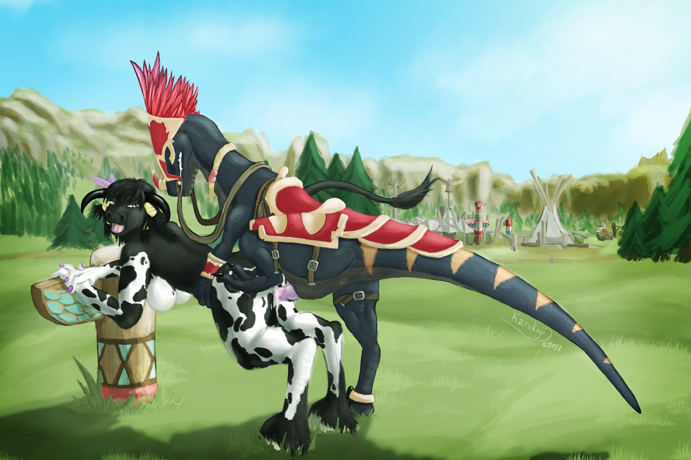 all_fours anthro anthro_on_feral anthro_penetrated armor bestiality blizzard_entertainment bodily_fluids bovid bovine breasts bridle cum cum_in_vagina cum_inside dinosaur doggystyle dromaeosaurid duo e621 erection feathered_dinosaur feathered_scalie feathers female female_on_feral female_penetrated feral feral_penetrating feral_penetrating_anthro from_behind_position genital_fluids genitals grin harness hooves horn interspecies karukuji looking_back male male/female male_on_anthro male_penetrating male_penetrating_female mammal mount mount/rider_relations mulgore nude open_mouth penetration penile penile_penetration penis penis_in_vagina prehistoric_species reins reptile saddle saurischian scalie sex smile spots step_pose step_position summer tail tailbutt tauren teeth theropod vaginal vaginal_penetration velociraptor vulva warcraft