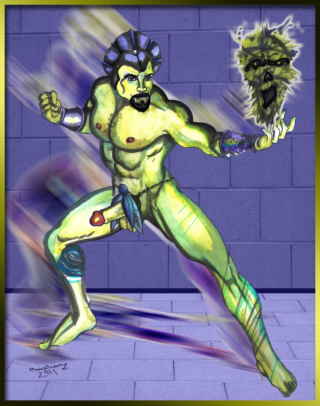 1boy 2011 barefoot beard black_hair color erection evil-lyn facial_hair front_view green_skin hair male male_only masters_of_the_universe penis rule34 rule_63 solo standing tagme
