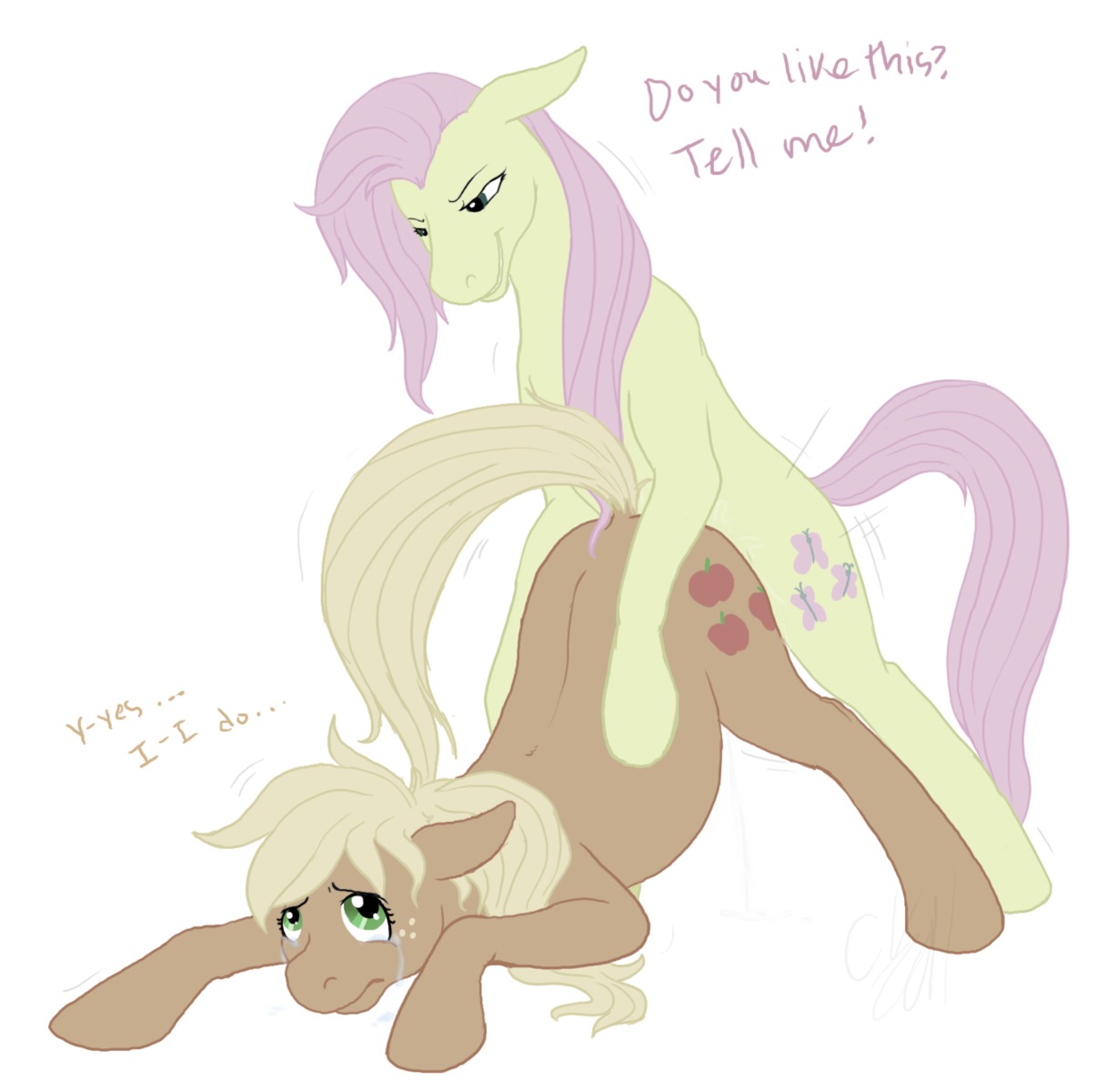 all_fours applejack_(mlp) blonde_hair bodily_fluids cartoonlion crossgender crying cum cutie_mark dialogue doggystyle duo e621 earth_pony english_text equid equine feathered_wings feathers female feral fluttershy_(mlp) forced friendship_is_magic from_behind_position genital_fluids green_eyes gynomorph gynomorph/female hair hasbro hi_res horse intersex intersex/female intraspecies mammal my_little_pony mythological_creature mythological_equine mythology pegasus pink_hair pony quadruped rape sex simple_background tail tears text white_background wings yellow_body yellow_feathers