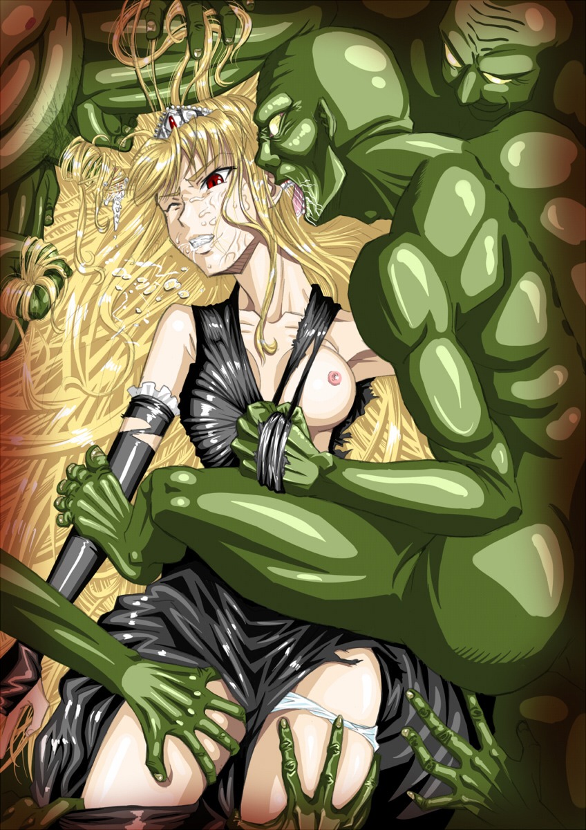 black_dress blonde_hair breasts bridal_gauntlets clenched_teeth clothes clothing cum cum_on_hair dress drooling elbow_gloves female gangbang gloves green_skin group_sex hair hairjob highres hime_(kaibutsu_oujo) hinoki kaibutsu_oujo lilianne long_hair lying molestation monster no_bra on_back panties panty_pull rape red_eyes restrained rule34 saliva small_breasts tiara torn_clothes underwear white_panties wince wink