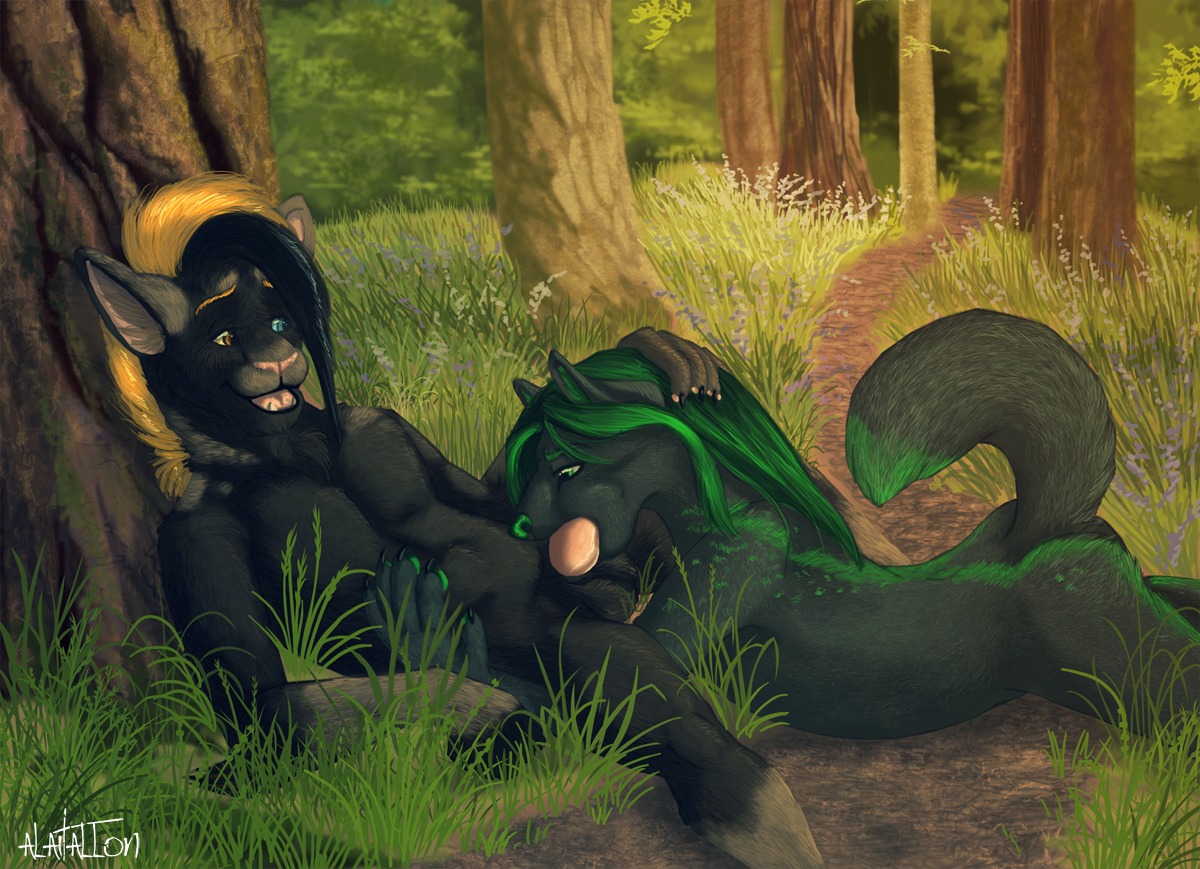 2014 alaitallon anthro balls black_body black_fur blonde_hair canid canine canis detailed_background duo e621 erection fellatio forest fur genitals green_hair hair kaiden_(alaitallon) kovah lying male male/male male_penetrated male_penetrating male_penetrating_male mammal nature nude on_back on_front oral oral_penetration outside penetration penile penis plant sex tree wolf