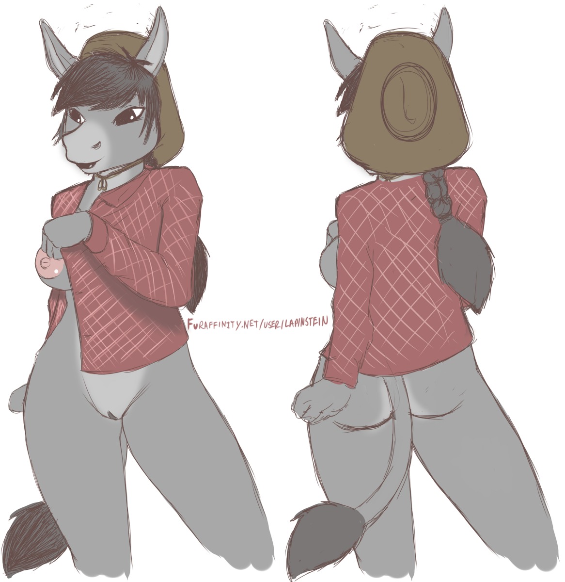 anthro asinus bottomless breasts butt clothed clothing donkey e621 equid equine female genitals hat headgear headwear hi_res lapinstein mammal nipples one_breast_out solo tail tail_tuft text tuft url vulva