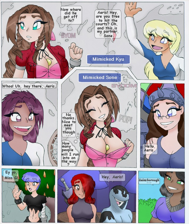 aerith_gainsborough breasts clothes color comic female female_only final_fantasy final_fantasy_vii human multiple_females multiple_girls rule34 smooth_skin tendrak tifa_lockhart yuffie_kisaragi
