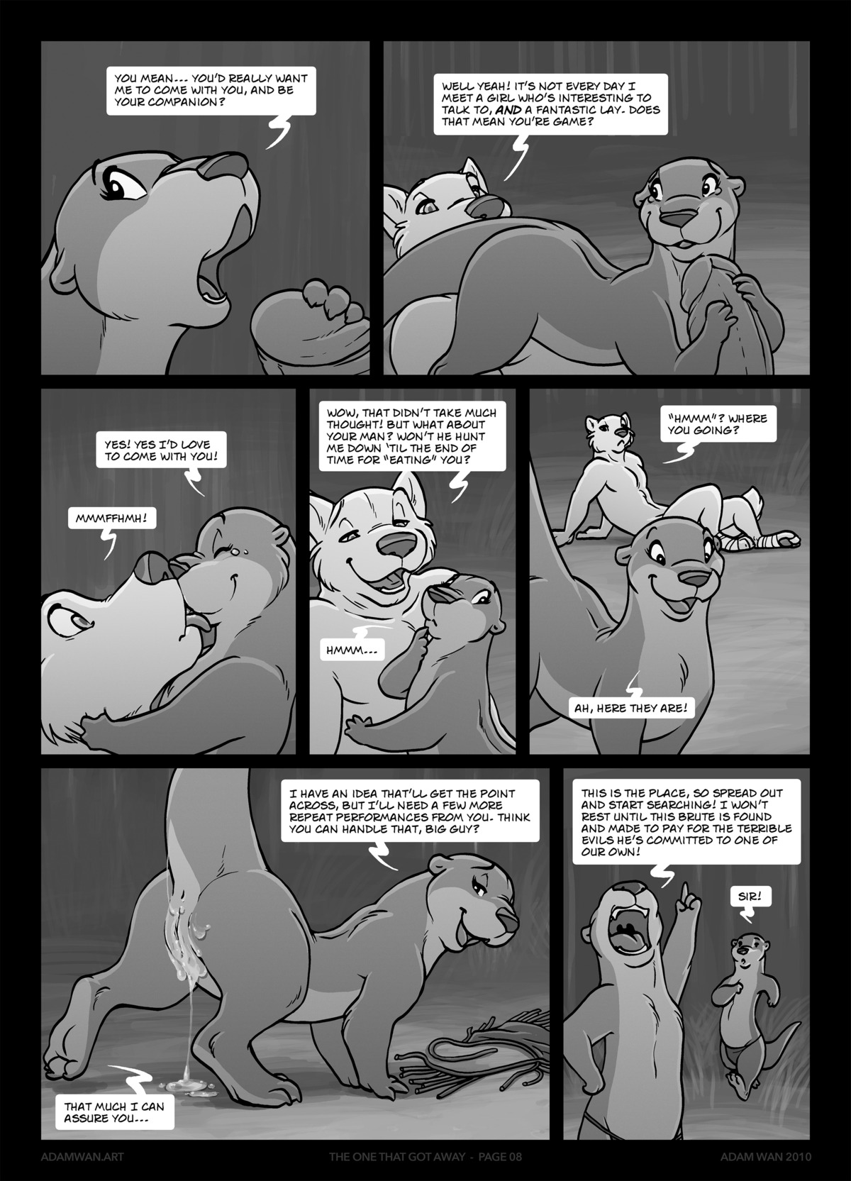 absurd_res after_sex anthro anthro_on_feral anus bestiality bodily_fluids butt canid canine canis clothed clothing comic countershade_feet countershading cum cum_in_vagina cum_inside dialogue digital_media_(artwork) duo e621 english_text erection feet female female_feral feral genital_fluids genitals greyscale handjob hi_res humanoid_genitalia humanoid_penis innie_vulva interspecies kissing larger_male lily_(adam_wan) male male/female male_on_feral mammal messy monochrome mustelid nude otter outside penile penis predator/prey presenting presenting_vulva ranger_wolf_(adam_wan) sex size_difference smaller_female tail tears text the_one_that_got_away thick_tail tongue topless tribal vulva wolf zaush