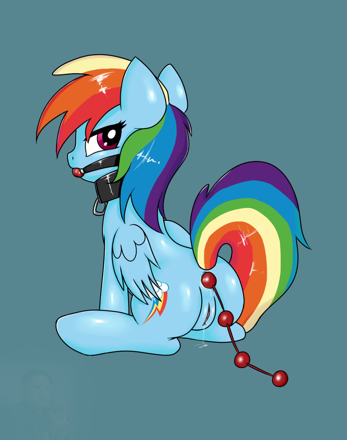 2012 anal anal_beads anal_penetration anus ball_gag blue_body blue_feathers blue_fur bodily_fluids butt collar cutie_mark e621 equid equine feathered_wings feathers female feral friendship_is_magic fur gag gagged genital_fluids genitals hair hasbro hi_res looking_at_viewer looking_back looking_back_at_viewer mammal miketheuser multicolored_hair multicolored_tail my_little_pony mythological_creature mythological_equine mythology pegasus penetration purple_eyes rainbow_dash_(mlp) rainbow_hair rainbow_tail sex_toy simple_background solo tail vaginal_fluids vulva wings