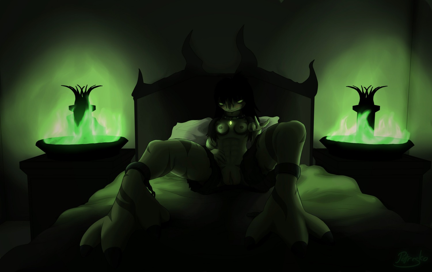 4_fingers alien bed bedroom black_hair blush breasts chain clothed clothing dripping e621 female fingers fire furniture genitals glowing green_body green_eyes green_skin hair hi_res inside inviting jewelry leaking long_hair looking_at_viewer lying magic_user monster necklace nipples nude on_back partially_clothed petresko pillow ritual sepilian smile smirk solo tattoo vulva wet witch