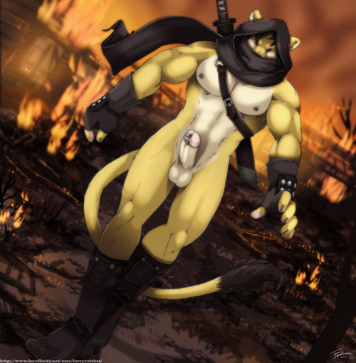absurd_res anthro balls biceps big_muscles biped black_body black_fur black_nose boots brown_eyes claws clothing digital_media_(artwork) dutch_angle e621 erection felid fire footwear front_view fur furryratchet genital_piercing genitals gloves grey_claws handwear hi_res hood humanoid_genitalia humanoid_penis lion looking_at_viewer male mammal melee_weapon muscular muscular_anthro muscular_male ninja nipple_piercing nipples nude outside pantherine pecs penis penis_piercing piercing prince_albert_piercing shoes solo standing sword tail tan_body tan_fur warrior weapon white_balls white_body white_fur yellow_body yellow_fur