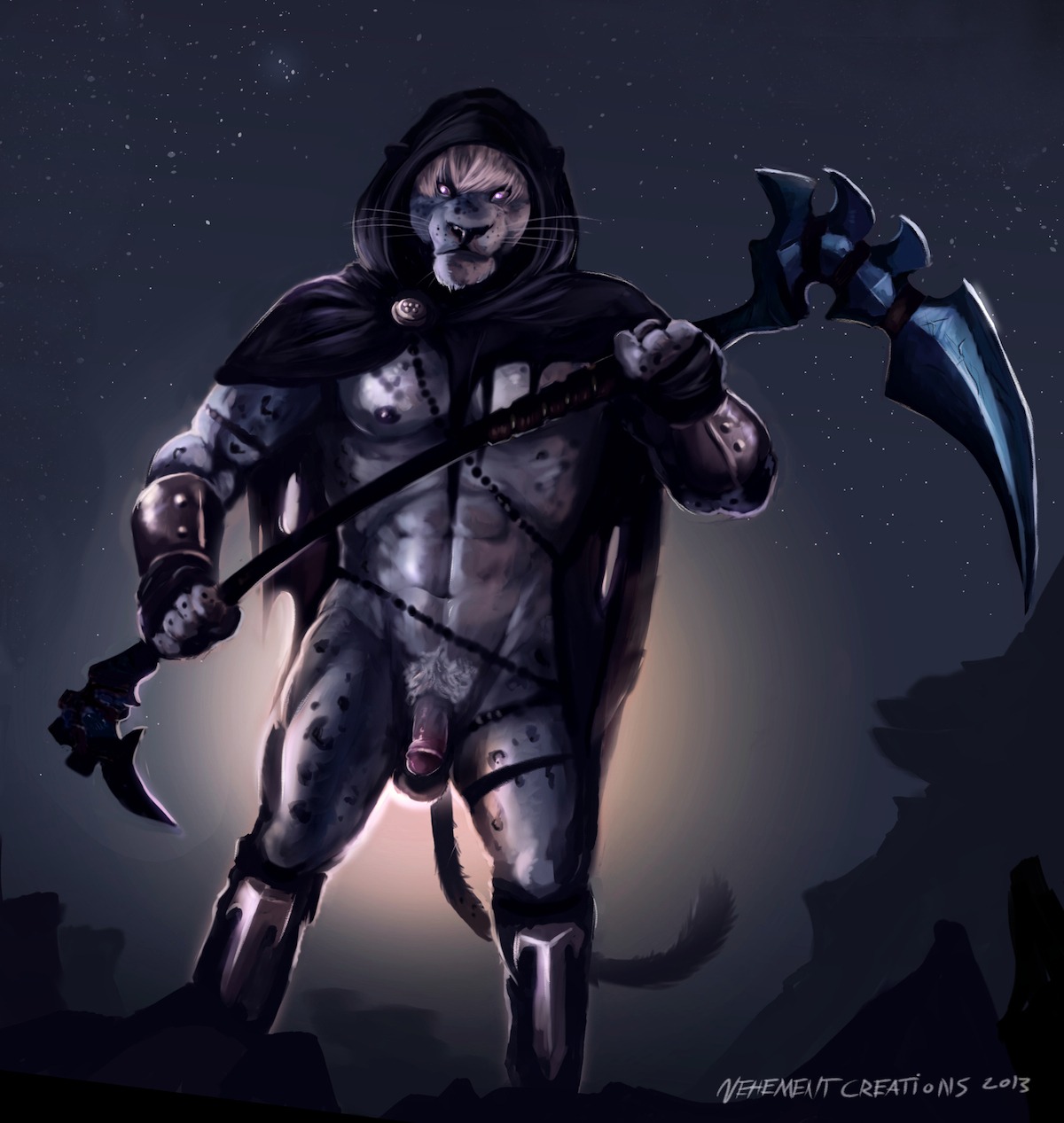 abs animal_genitalia anthro armor biceps biped cloak clothing e621 felid flaccid fur gauntlets genitals gloves handwear hi_res hood leopard male mammal melee_weapon muscular muscular_anthro muscular_male night nipples nude pantherine pecs penis polearm scythe sheath solo standing straps vehementcreations weapon white_body white_fur
