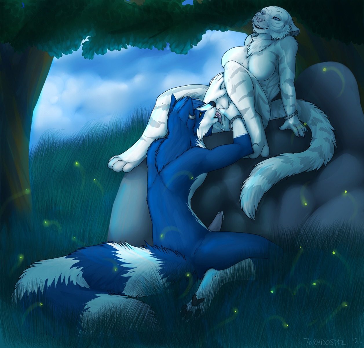 4_toes anthro apadravya blue_body blue_fur blue_sky bracelet breasts canid canine chest_tuft cjk_character cloud cunnilingus detailed_background digitigrade duo e621 erection feet felid female fluffy fluffy_tail fox fur genital_piercing genitals glans_piercing grass hair happy happy_sex hi_res hindpaw jewelry male male/female mammal nude open_mouth oral outside pantherine paws penis penis_piercing piercing plant scenery sex sitting sky smile spread_legs spreading stripes tail tapering_penis tiger toes tongue toradoshi tree tuft vaginal vulva white_body white_fur wood