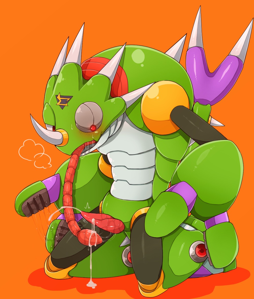 2_penises animal_genitalia animal_penis anthro auto_penis_lick autofellatio biped blush bodily_fluids breath capcom chameleon cum cumshot double_cumshot e621 ejaculation erection genital_fluids genitals hemipenes kneeling licking lizard long_tongue machine male masturbation maverick_(mega_man) mega_man_(series) mega_man_x_(series) multi_cumshot multi_genitalia multi_penis oral oral_masturbation orange_background orgasm penile penile_masturbation penis red_eyes reploid reptile robot scalie self_lick simple_background solo sting_chameleon tongue tongue_out zilch