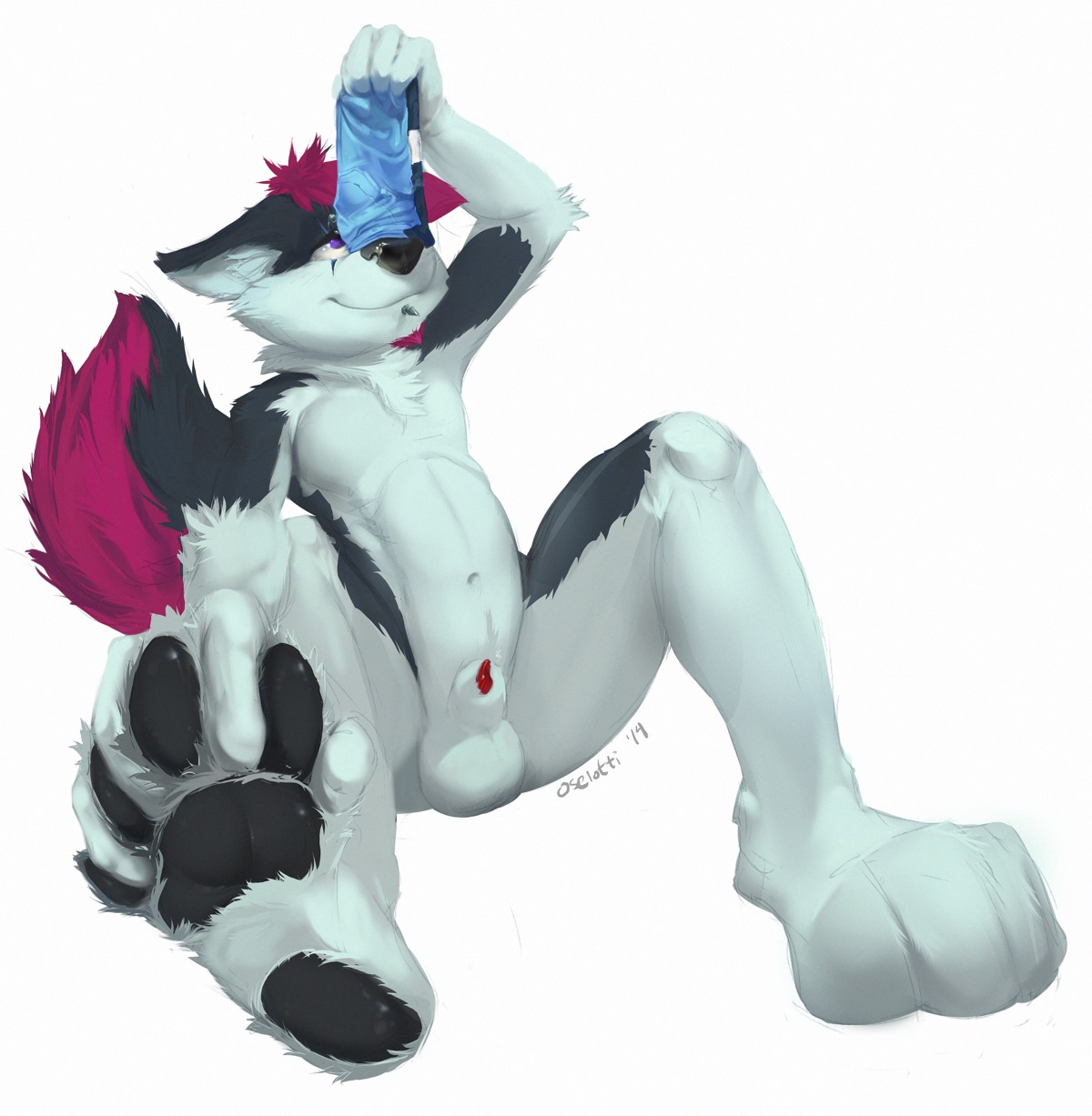 2014 4_toes animal_genitalia anthro balls barefoot between_toes biped black_nose canid canine canis clothing domestic_dog e621 eye_roll feet foot_focus fur genitals hi_res hindpaw husky male mammal nordic_sled_dog nude oselotti pawpads paws penis penis_tip plantigrade red_body red_fur sheath simple_background sitting smile sniffing sniffing_clothes soles solo spitz toes underwear underwear_sniffing white_background zoomy