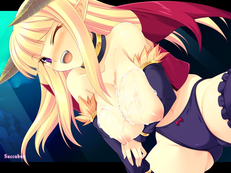 blonde_hair breasts cum cum_on_body cum_on_breasts cum_on_upper_body cute demon demon_girl detached_sleeves fangs female horns kinoshita_ichi large_breasts lossy-lossless nipples panties pointy_ears purple_eyes ragnarok_online rule34 smile spread_legs stockings succubus succubus_(ragnarok_online) thighhighs topless underwear underwear_only wings wink