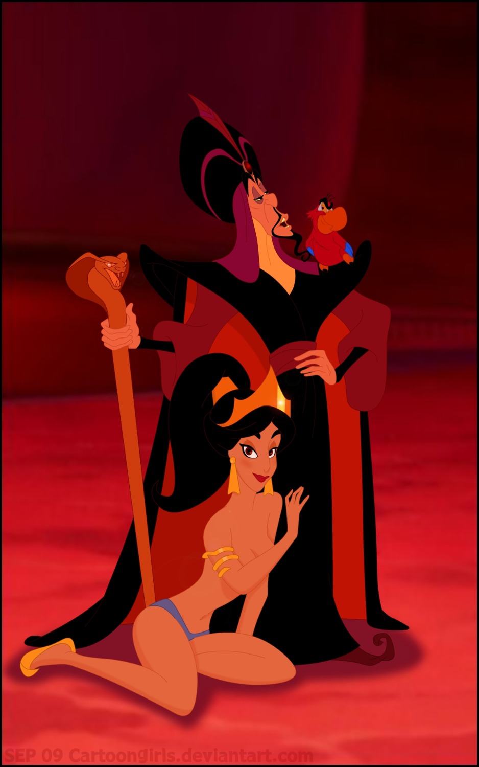 1boy 1girls aladdin_(1992_disney_film) black_hair blue_panties cartoongirls disney disney_princess disney_villains evil_queen_jasmine female human iago jafar jasmine_(aladdin) male panties ponytail princess_jasmine rule34 staff topless topless_female