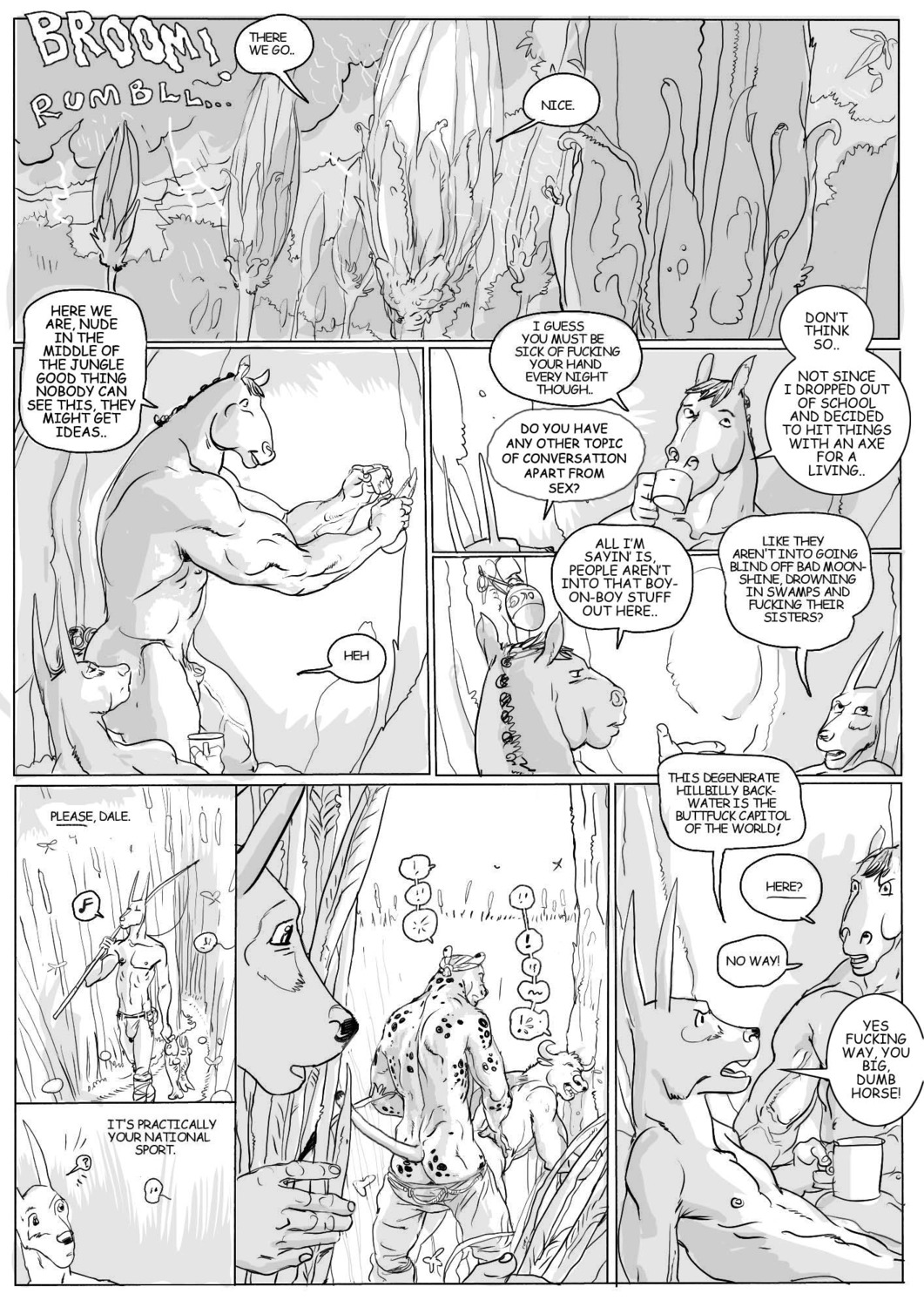 anal anal_penetration animal_genitalia anthro aquatic being_watched bent_over bottomwear bottomwear_down bovid bovine bulge canid canine canis clothed clothing cloud comic container cup dale_(furronika) dialogue domestic_dog drinking duo duo_focus e621 electricity english_text equid equine equine_genitalia exclamation_point fish fishing_rod from_behind_position fully_sheathed furronika genitals greyscale group hand_on_hip headgear headwear hi_res horn horse humanoid_pointy_ears kneeling lightning long_ears looking_at_another male male/male male_penetrated male_penetrating male_penetrating_male mammal monochrome multiple_scenes muscular muscular_male musical_note musical_symbol nude outside pants pants_down partially_clothed penetration pointy_ears profanity question_mark raining reclining sex sheath sitting sky speech_bubble spots standing symbol tad_(furronika) text topless vein whistling