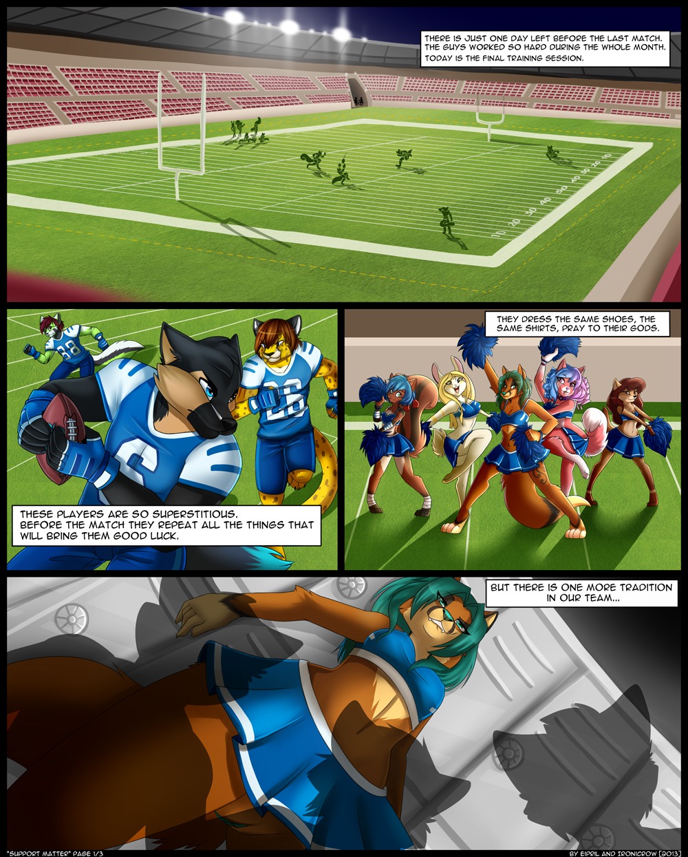 2013 american_football anthro barefoot bedroom_eyes bite biting_lip biting_own_lip bottomwear brianna_(artica) canid canine cheerleader cheetah clothed clothing comic countershading e621 eipril english_text feet felid feline female fox genitals group hi_res lagomorph leporid looking_at_viewer male mammal martin_(qckslvrslash) modern_architecture narrowed_eyes no_underwear outside rabbit rodent sciurid seductive self_bite skimpy skirt smile snowcheetah sport stadium stadium_lighting text tree_squirrel upskirt vulva