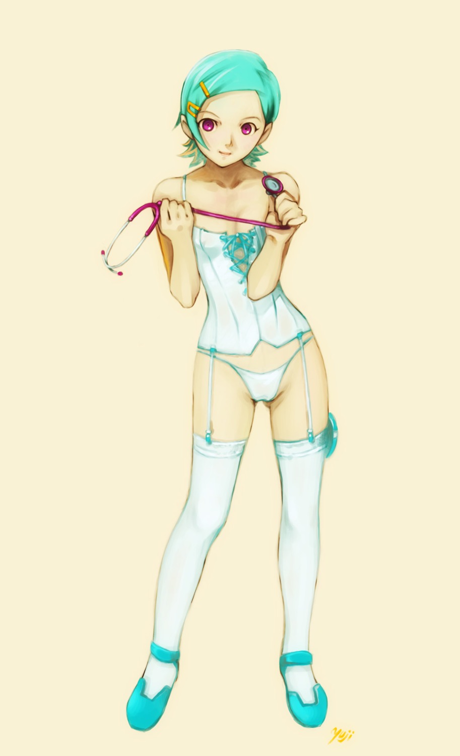 blue_hair blue_panties bustier eureka eureka_seven female hair_ornament hairclip highres kobayashi_yuji kobayashi_yuuji lingerie looking_at_viewer mary_janes panties purple_eyes rule34 shoes short_hair socks solo standing stethoscope thigh_socks thighhighs underwear white_socks