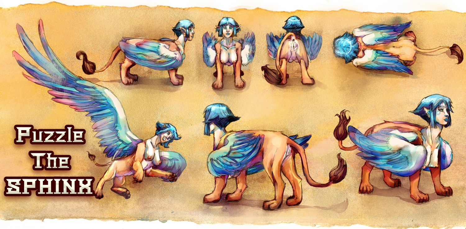 breasts buttercup_saiyan digitigrade e621 egyptian english_text fantasy feathered_wings feathers felid female going_classical greek hi_res mammal model_sheet mythological_creature mythological_sphinx mythology nude quadruped side_view solo tail text turnaround wings
