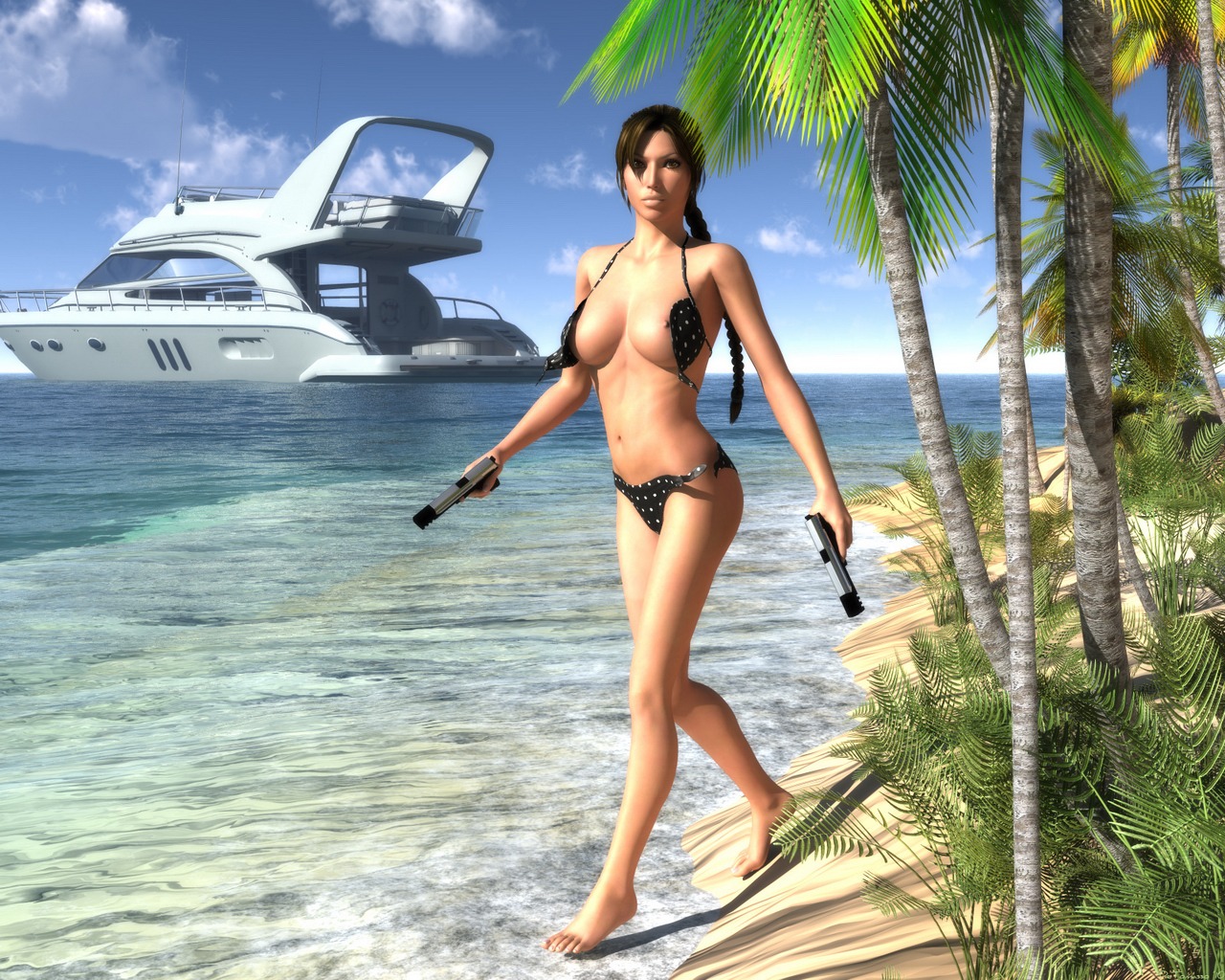 3d beach bikini breasts detomasso female female_only human lara_croft lara_croft_(classic) long_hair panties rule34 solo standing tagme tomb_raider tomb_raider_(classic) yacht