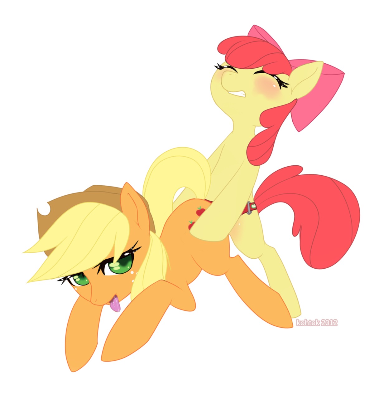 2012 accessory ambiguous_penetration apple_bloom_(mlp) applejack_(mlp) blonde_hair blush bodily_fluids bow_(feature) bow_accessory bow_ribbon clenched_teeth clothing cowboy_hat cutie_mark dildo drooling duo e621 earth_pony equid equine eyes_closed female female/female feral feral_on_feral freckles friendship_is_magic from_behind_position green_eyes hair hair_accessory hair_bow hair_ribbon hand_on_hip hasbro hat headgear headwear hi_res horse incest_(lore) kohtek looking_at_viewer mammal my_little_pony penetration pony quadruped red_hair ribbons saliva sex sex_toy sibling_(lore) simple_background sister_(lore) sisters_(lore) strapon tail teeth tongue tongue_out white_background young young_feral