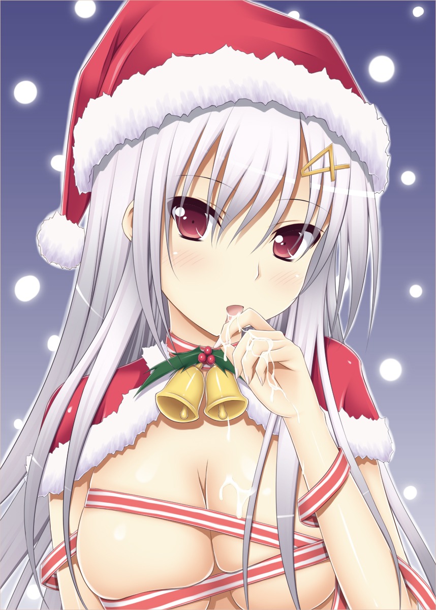 1girls bell_collar blush breasts christmas cleavage collar cum cum_on_body cum_on_upper_body female hair_ornament hairclip hat highres jingle_bell large_breasts licking long_hair naked_ribbon no_bra open_mouth original red_eyes ribbon rule34 santa_hat shake_(ferit3) silver_hair snow solo tongue