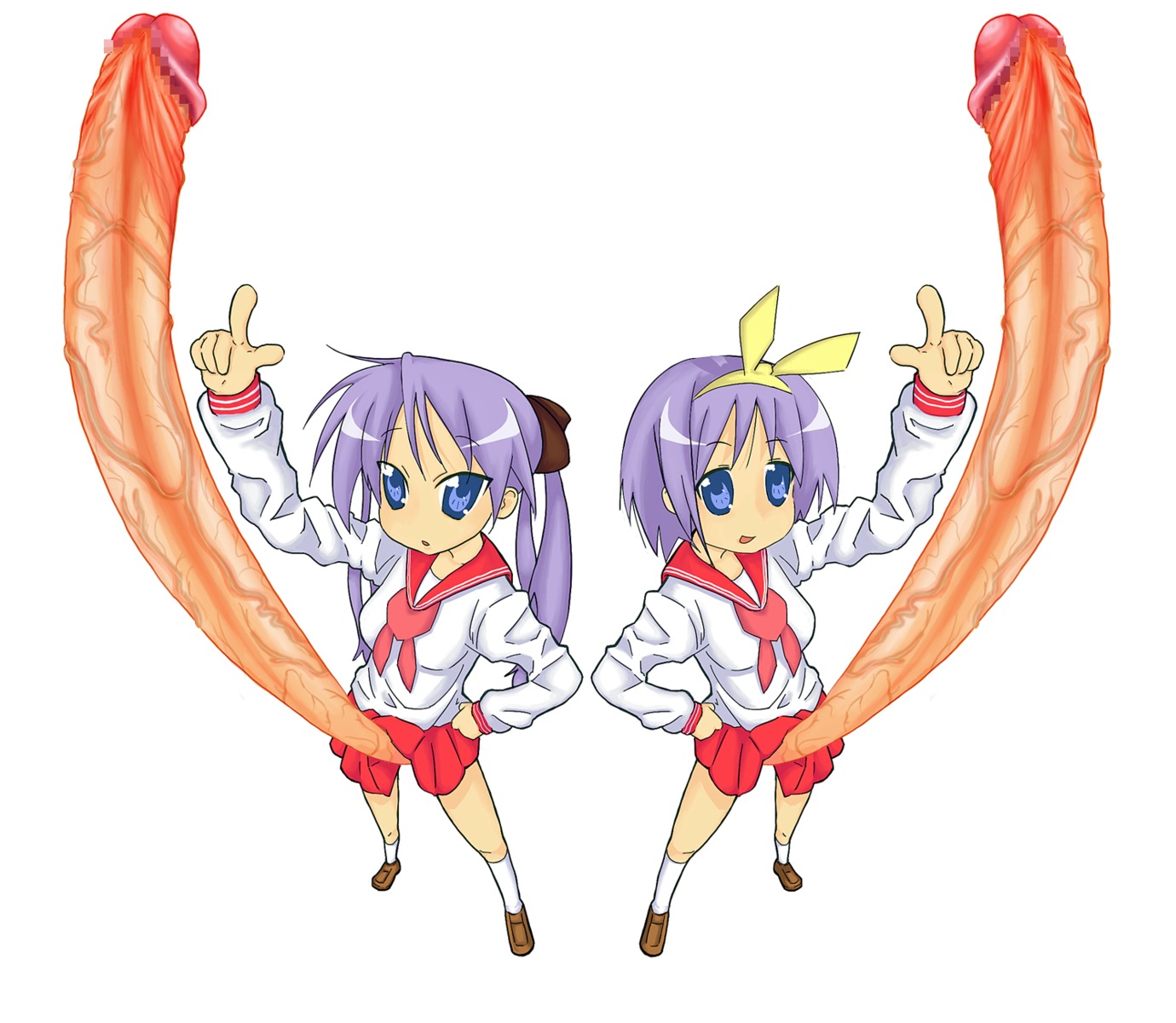 2futas erection futa_only futanari huge_cock intersex kagami_hiiragi lucky_star multiple_futa penis rule34 standing tagme tsukasa_hiiragi very_long_penis