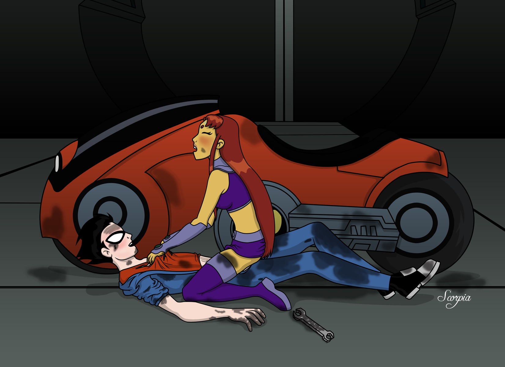 alien ambiguous_penetration boots dc dc_comics dick_grayson female human male motorcycle robin_(dc) robin_(dick_grayson) rule34 scorpia starfire straight tagme teen_titans