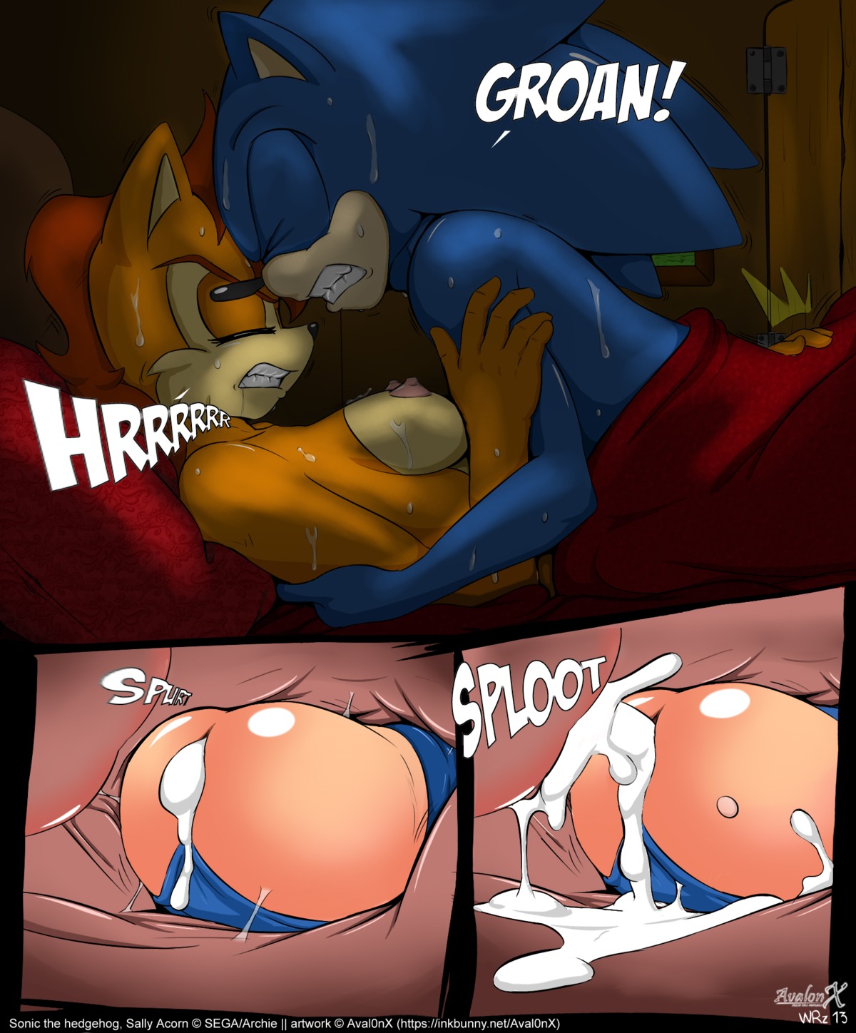 2013 anthro anthrofied archie_comics areola aval0nx bed bed_covers bedding bedroom big_breasts black_body black_nose black_skin blanket blue_body blue_hair blue_penis bodily_fluids breasts brown_body brown_fur canon_couple chipmunk clenched_teeth cum cum_inside cum_on_penis cumshot drooling duo e621 ejaculation english_text erect_nipples erection eulipotyphlan exclamation_point eyes_closed female female_penetrated foreskin from_front_position fur furniture genital_fluids genitals ground_squirrel hair hedgehog hi_res humanoid_genitalia humanoid_penis inside internal long_hair lying male male/female male_penetrating male_penetrating_female mammal missionary_position nipples nude on_back on_top orange_hair orgasm penetration penile penile_penetration penis penis_in_vagina pillow pink_body pink_penis pink_skin red_hair retracted_foreskin rodent saliva sally_acorn sciurid sega sex sonic_the_hedgehog sonic_the_hedgehog_(archie) sonic_the_hedgehog_(comics) sonic_the_hedgehog_(series) sweat tan_body tan_fur tan_skin teeth text url vaginal vaginal_penetration
