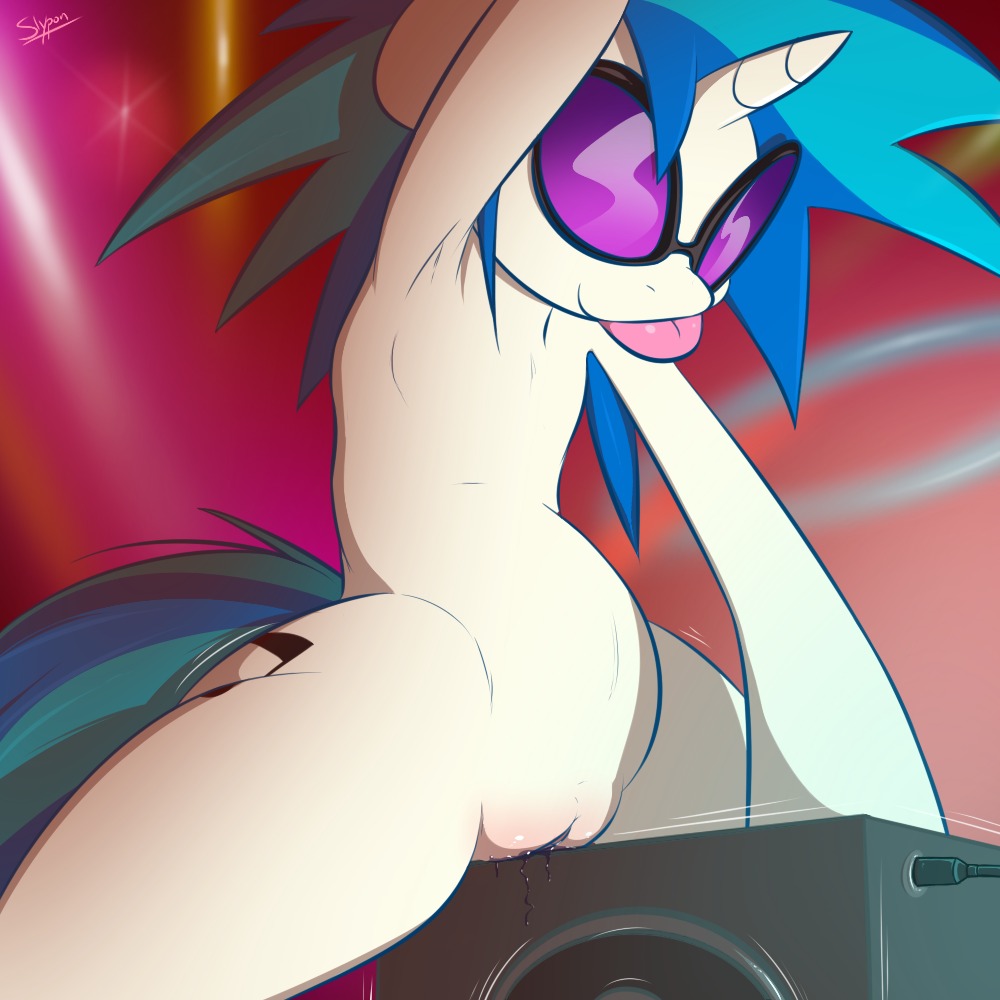 1:1 2014 anthro biped bodily_fluids cutie_mark disc_jockey e621 equid equine eyewear female feral flat_chested friendship_is_magic fur genital_fluids genitals glasses hair hasbro horn long_hair mammal masturbation my_little_pony mythological_creature mythological_equine mythology nude sitting slypon solo speaker spread_legs spreading tongue tongue_out unicorn vaginal vaginal_fluids vaginal_masturbation vinyl_scratch_(mlp) vulva